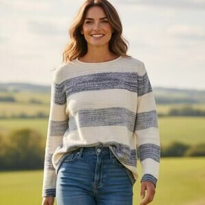 Calvin Klein Jeans Sweater Tunic Womens Large Blue Ivodry Striped Chiffon Back